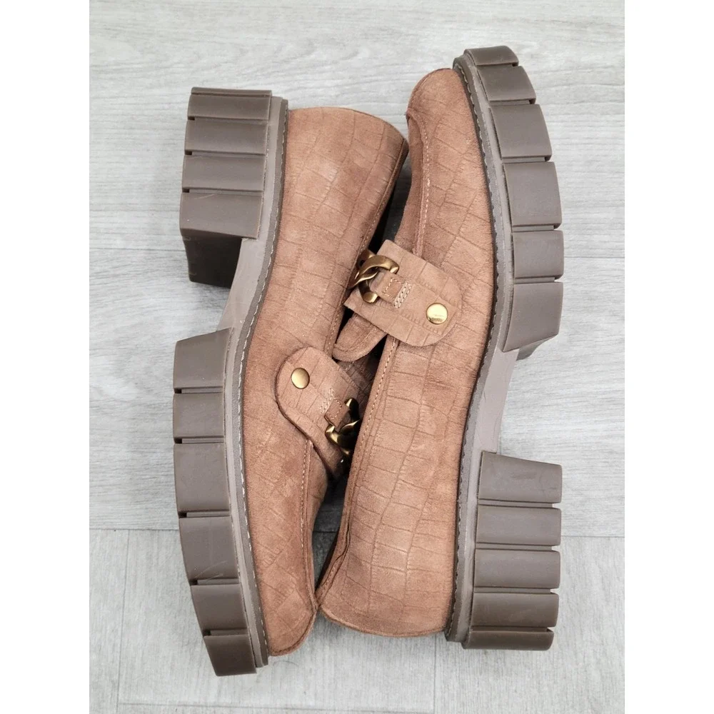 Vionic Elodie Womens 10 Tan Brown Nubuck Platform Penny Loafers Chunky Shoes